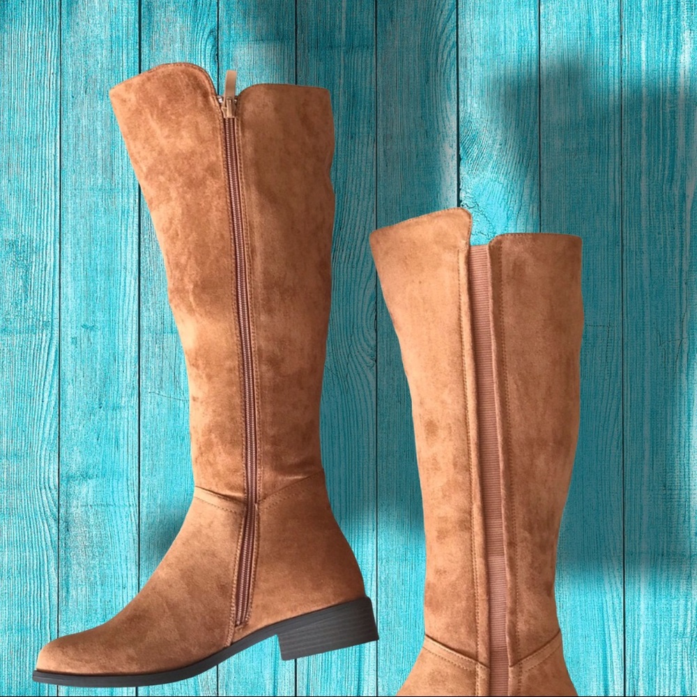 TRIXI Tan Suede Knee High Stacked Heel Riding Boot - Picture 5 of 8